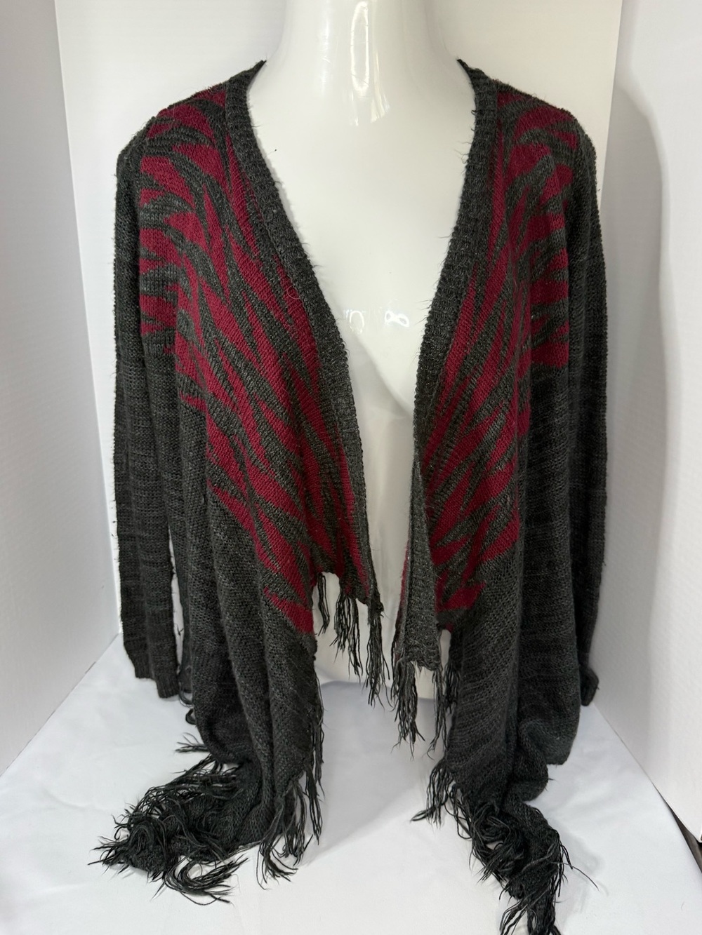 Full Tilt Charcoal & Burgundy Fringe Open-Front Poncho